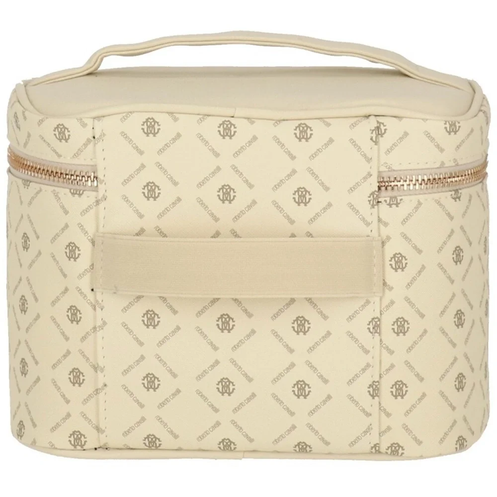 NEW Roberto Cavalli Monogram Cream Cosmetic Toiletry Bag Train Case